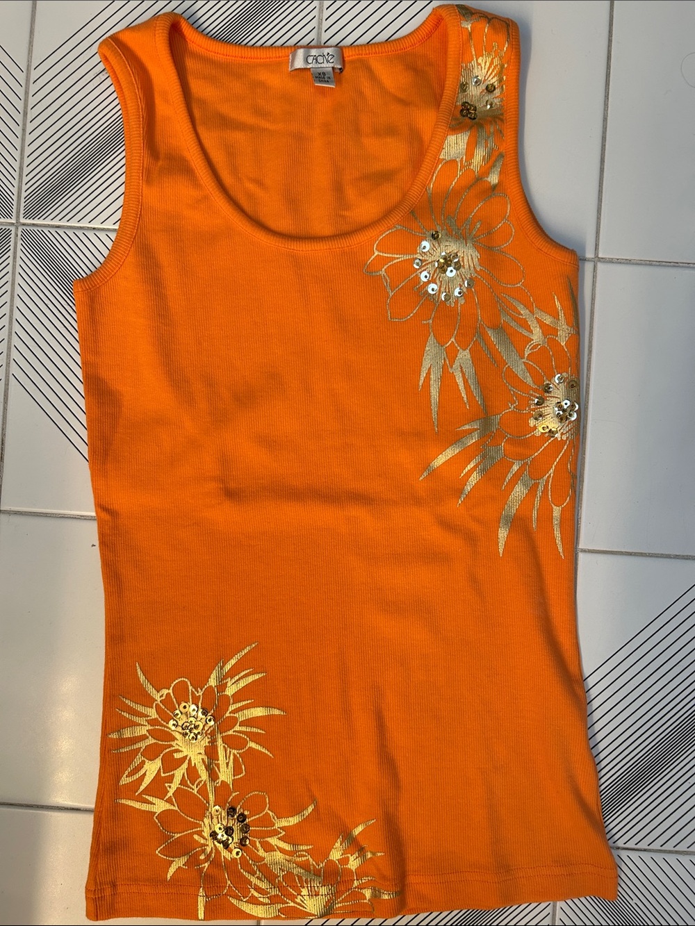 Cache melon-orange sleeveless Tank with Gold Floral Embellishment